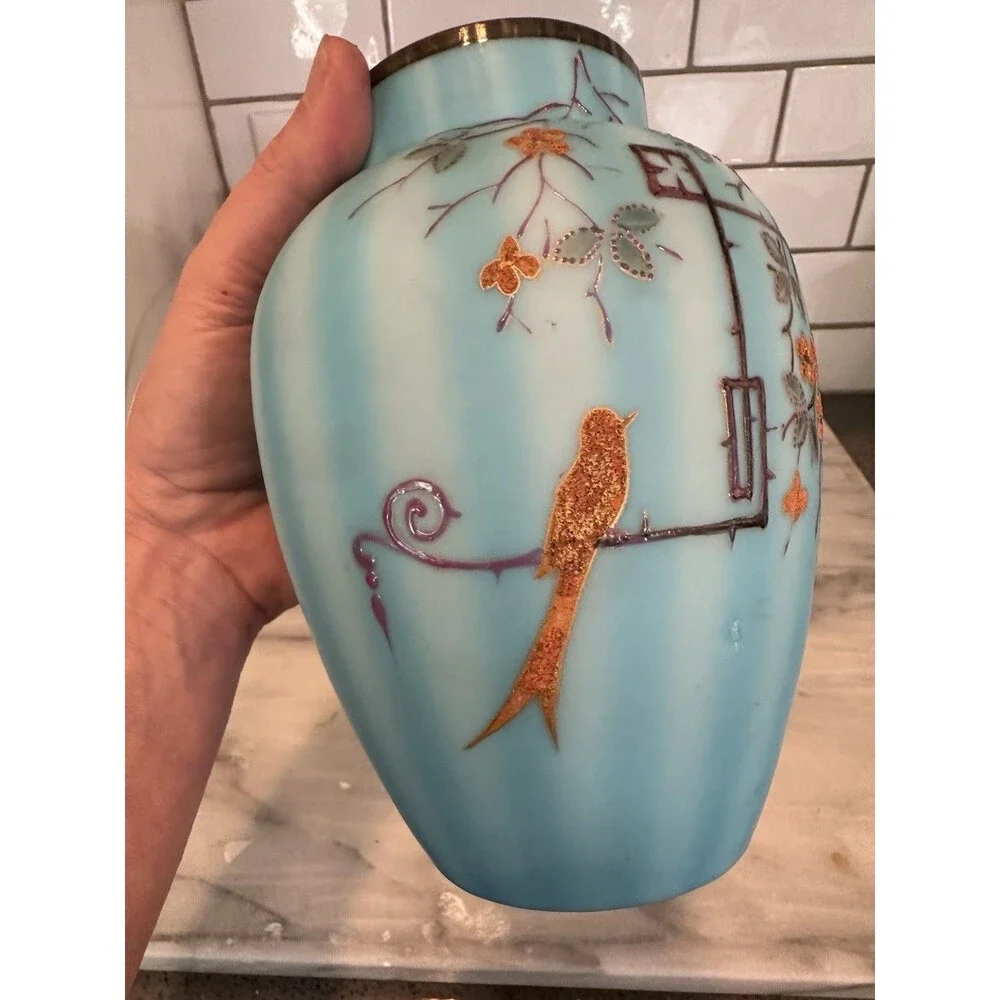 Gorgeous Antique Cased Satin Blue Glass Vase Raised Art Deco Bird Flowers
